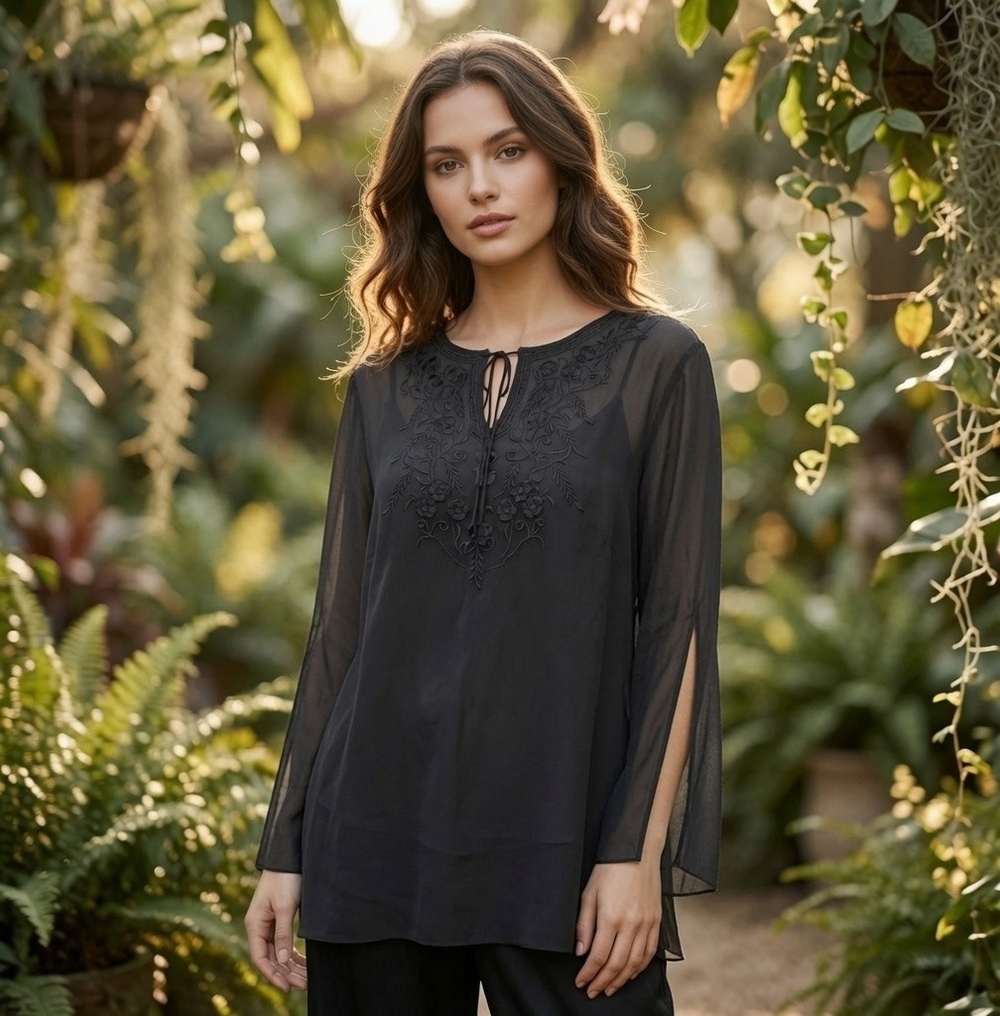 Vintage Allison Taylor Silk Embroidered Blouse Black Sheer Boho Top Womens L New